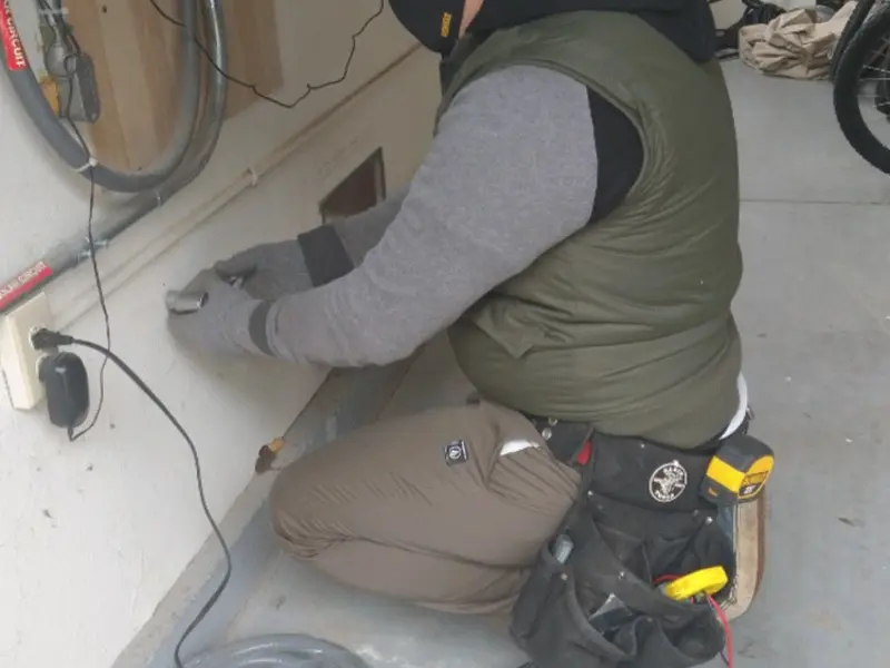 Electrician performing outlet wiring in a Blue Island garage